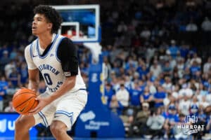 Creighton Bluejay Jasen Green (0) shoots a three during a college basketball game against Villanova on Feb 14, 2026, in Omaha, Nebraska. Photo by Brandon Tiedemann