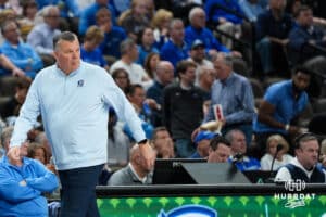 Creighton Bluejay head coach Greg McDermott walks during a college basketball game against Villanova on Feb 14, 2026, in Omaha, Nebraska. Photo by Brandon Tiedemann