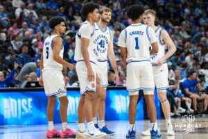 Creighton Bluejays huddle during a college basketball game against Villanova on Feb 14, 2026, in Omaha, Nebraska. Photo by Brandon Tiedemann