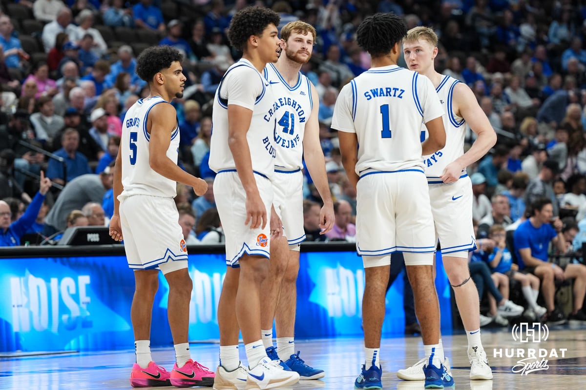 Creighton Bluejays vs Villanova | Feb 14, 2026 Creighton Bluejays huddle during a college basketball game against Villanova on Feb 14, 2026, in Omaha, Nebraska. Photo by Brandon Tiedemann