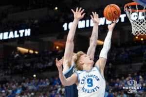 Creighton Bluejay Ty Davis (9) shoots a layup during a college basketball game against Villanova on Feb 14, 2026, in Omaha, Nebraska. Photo by Brandon Tiedemann