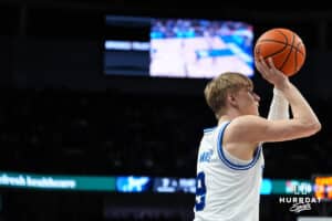 Creighton Bluejay Ty Davis (9) shoots a three pointer during a college basketball game against Villanova on Feb 14, 2026, in Omaha, Nebraska. Photo by Brandon Tiedemann
