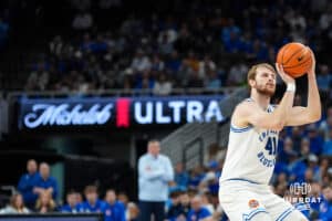 Creighton Bluejay Isaac Traudt (41) shoots a three pointer during a college basketball game against Villanova on Feb 14, 2026, in Omaha, Nebraska. Photo by Brandon Tiedemann