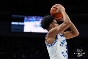Creighton Bluejay Nik Graves (5) shoots a three pointer during a college basketball game against Villanova on Feb 14, 2026, in Omaha, Nebraska. Photo by Brandon Tiedemann