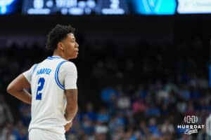 Creighton Bluejay Blake Harper (2) looks to pass during a college basketball game against Villanova on Feb 14, 2026, in Omaha, Nebraska. Photo by Brandon Tiedemann