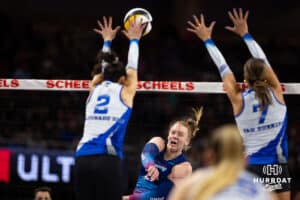 Omaha Supernovas Emily Londot (27) spikes the ball against Dallas Pulse Sofia Maldonado Diaz (2) during a professional volleyball match on Thursday, Feb. 12, 2026, in Omaha, Nebraska. Photo by John S. Peterson.