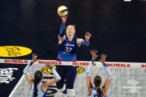 Omaha Supernovas Emily Londot (27) tips the ball against the Dallas Pulse during a professional volleyball match on Thursday, Feb. 12, 2026, in Omaha, Nebraska. Photo by John S. Peterson.