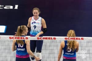 Omaha Supernovas Morgan Hentz (9) reacts to Brooke Nuneviller (5) receiving a bloody nose against the Dallas Pulse during a professional volleyball match on Thursday, Feb. 12, 2026, in Omaha, Nebraska. Photo by John S. Peterson.