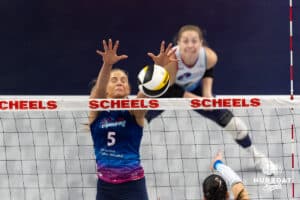 Omaha Supernovas Brooke Nuneviller (5) blocks the ball against the Dallas Pulse during a professional volleyball match on Thursday, Feb. 12, 2026, in Omaha, Nebraska. Photo by John S. Peterson.