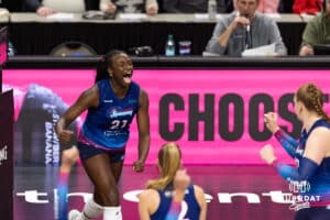 Omaha Supernovas Toyosi Onabanjo (21) celebrates a kill against the Dallas Pulse during a professional volleyball match on Thursday, Feb. 12, 2026, in Omaha, Nebraska. Photo by John S. Peterson.