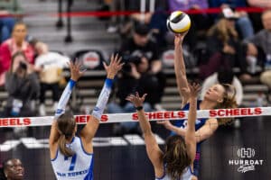 Omaha Supernovas Brooke Nuneviller (5) spikes the ball against the Dallas Pulse during a professional volleyball match on Thursday, Feb. 12, 2026, in Omaha, Nebraska. Photo by John S. Peterson.