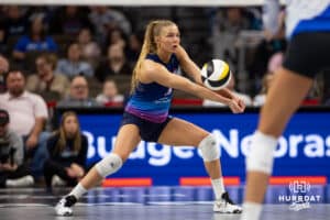 Omaha Supernovas Brooke Nuneviller (5) passes the ball against the Dallas Pulse in the first set during a professional volleyball match on Thursday, Feb. 12, 2026, in Omaha, Nebraska. Photo by John S. Peterson.
