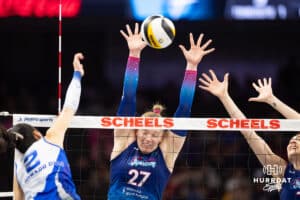 Omaha Supernovas Emily Londot (27) blocks the ball against Dallas Pulse Sofia Maldonado Diaz (2) in the first set during a professional volleyball match on Thursday, Feb. 12, 2026, in Omaha, Nebraska. Photo by John S. Peterson.