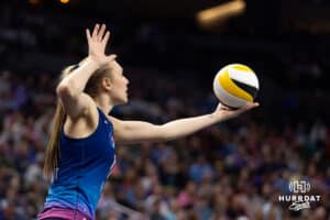 Omaha Supernovas Kiara Reinhardt (10) serves the ball against the Dallas Pulse during a professional volleyball match on Thursday, Feb. 12, 2026, in Omaha, Nebraska. Photo by John S. Peterson.