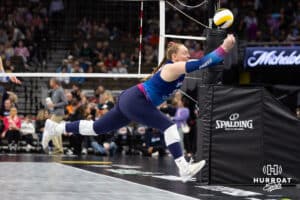 Omaha Supernovas Emily Londot (27) chases the ball down against the Dallas Pulse during a professional volleyball match on Thursday, Feb. 12, 2026, in Omaha, Nebraska. Photo by John S. Peterson.