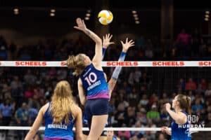 Omaha Supernovas Kiara Reinhardt (10) spikes the ball against the Dallas Pulse during a professional volleyball match on Thursday, Feb. 12, 2026, in Omaha, Nebraska. Photo by John S. Peterson.