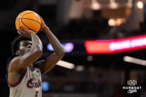 Omaha Maverick Ja'Sean Glover (5) shoots a freethrow during a college basketball game against St. Thomas on Feb 12, 2026, in Omaha, Nebraska. Photo by Brandon Tiedemann