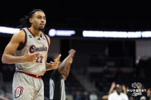 Omaha Maverick Kamryn Thomas (22) celebrates a three pointer during a college basketball game against St. Thomas on Feb 12, 2026, in Omaha, Nebraska. Photo by Brandon Tiedemann
