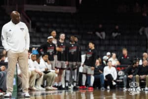 Omaha Maverick head coach Chris Crutchfield stands on the sideline during a college basketball game against St. Thomas on Feb 12, 2026, in Omaha, Nebraska. Photo by Brandon Tiedemann