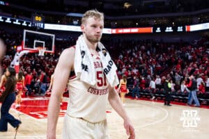 Nebraska Cornhusker forward Rienk Mast (51) walks back to the locker room after the loss to the Purdue Boilermakers during a college basketball game on Tuesday, Feb. 10, 2026, in Lincoln, Nebraska. Photo by John S. Peterson.