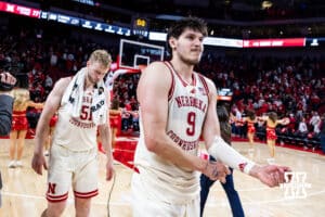Nebraska Cornhusker forward Berke Buyuktuncel (9) walks back to the locker room after the loss to the Purdue Boilermakers during a college basketball game on Tuesday, Feb. 10, 2026, in Lincoln, Nebraska. Photo by John S. Peterson.