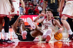 Nebraska Cornhusker forward Pryce Sandfort (21) gets the jump ball going after the ball against Purdue Boilermaker guard C.j.c.ox (0) during a college basketball game on Tuesday, Feb. 10, 2026, in Lincoln, Nebraska. Photo by John S. Peterson.