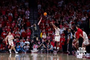 Nebraska Cornhusker guard Jamarques Lawrence (10) makes a three point basket against Purdue Boilermaker guard Braden Smith (3) in the second half during a college basketball game on Tuesday, Feb. 10, 2026, in Lincoln, Nebraska. Photo by John S. Peterson.
