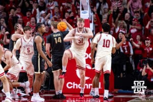 Nebraska Cornhusker forward Rienk Mast (51) reacts to making a basket against the Purdue Boilermakers in the second half during a college basketball game on Tuesday, Feb. 10, 2026, in Lincoln, Nebraska. Photo by John S. Peterson.