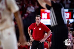 Nebraska Cornhusker head coach Fred Hoiberg watches the action on court against the Purdue Boilermakers during a college basketball game on Tuesday, Feb. 10, 2026, in Lincoln, Nebraska. Photo by John S. Peterson.