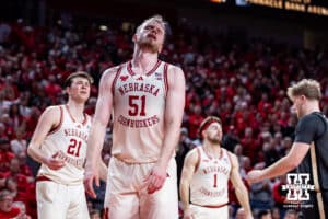 Nebraska Cornhusker forward Rienk Mast (51) reacts to having a foul called on him against the Purdue Boilermakers in the seond half during a college basketball game on Tuesday, Feb. 10, 2026, in Lincoln, Nebraska. Photo by John S. Peterson.