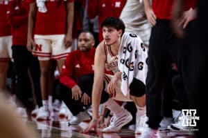Nebraska Cornhusker forward Berke Buyuktuncel (9) watches the action on the court against the Purdue Boilermakers in the second half during a college basketball game on Tuesday, Feb. 10, 2026, in Lincoln, Nebraska. Photo by John S. Peterson.