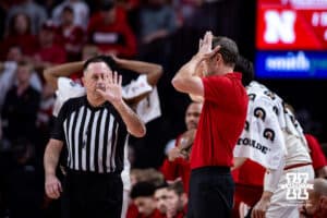 Nebraska Cornhusker head coach Fred Hoiberg reacts to a foul called on the Huskers during a college basketball game against the Purdue Boilermakers on Tuesday, Feb. 10, 2026, in Lincoln, Nebraska. Photo by John S. Peterson.