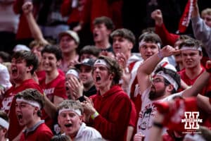 Nebraska Cornhuskers students celebrates a basket against the Purdue Boilermakers in the second half during a college basketball game on Tuesday, Feb. 10, 2026, in Lincoln, Nebraska. Photo by John S. Peterson.