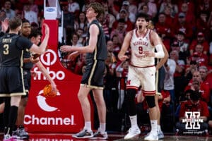 Nebraska Cornhusker forward Berke Buyuktuncel (9) celebrates a basket against the Purdue Boilermakers in the second half during a college basketball game on Tuesday, Feb. 10, 2026, in Lincoln, Nebraska. Photo by John S. Peterson.