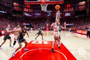 Nebraska Cornhusker guard Sam Hoiberg (1) makes a lay up against the Purdue Boilermakers in the first half during a college basketball game on Tuesday, Feb. 10, 2026, in Lincoln, Nebraska. Photo by John S. Peterson.