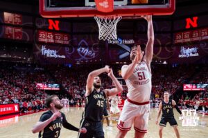 Nebraska Cornhusker forward Braden Frager (5)1 makes a lay up against the Purdue Boilermakers in the first half during a college basketball game on Tuesday, Feb. 10, 2026, in Lincoln, Nebraska. Photo by John S. Peterson.