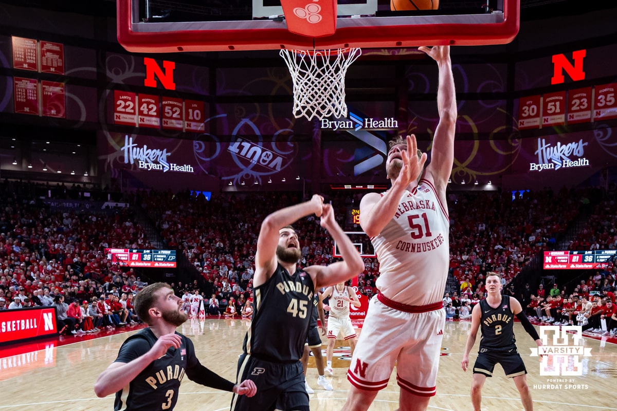 Nebraska Cornhusker forward Braden Frager (5)1 makes a lay up against the Purdue Boilermakers in the first half during a college basketball game on Tuesday, Feb. 10, 2026, in Lincoln, Nebraska. Photo by John S. Peterson.
