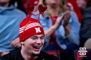 Nebraska Cornhusker fan ready for Valentines Day with the heart headwear during a college basketball game against the Purdue Boilermakers on Tuesday, Feb. 10, 2026, in Lincoln, Nebraska. Photo by John S. Peterson.