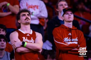 Nebraska Cornhusker fans concerned about the score in the first half against the Purdue Boilermakers during a college basketball game on Tuesday, Feb. 10, 2026, in Lincoln, Nebraska. Photo by John S. Peterson.