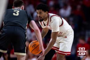 Nebraska Cornhusker guard Jamarques Lawrence (10) dribbles the ball against Purdue Boilermaker guard Braden Smith (3) in the first half during a college basketball game on Tuesday, Feb. 10, 2026, in Lincoln, Nebraska. Photo by John S. Peterson.