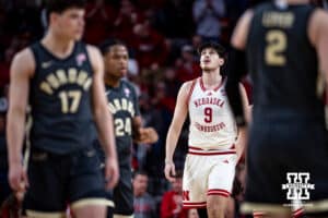 Nebraska Cornhusker forward Berke Buyuktuncel (9) looks up at the scoreboard in the first half against the Purdue Boilermakers during a college basketball game on Tuesday, Feb. 10, 2026, in Lincoln, Nebraska. Photo by John S. Peterson.
