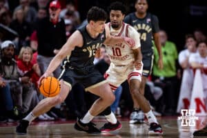 Nebraska Cornhusker guard Jamarques Lawrence (10) guards Purdue Boilermaker guard Omer Mayer (17) in the first half during a college basketball game on Tuesday, Feb. 10, 2026, in Lincoln, Nebraska. Photo by John S. Peterson.