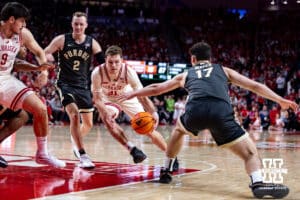 Nebraska Cornhusker guard Cale Jacobsen (31) drive sthe lane against the Purdue Boilermakers in the first half during a college basketball game on Tuesday, Feb. 10, 2026, in Lincoln, Nebraska. Photo by John S. Peterson.