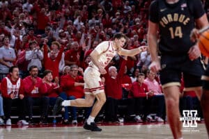 Nebraska Cornhusker guard Cale Jacobsen (31) celebrates a three point basket against the Purdue Boilermakers in the first half during a college basketball game on Tuesday, Feb. 10, 2026, in Lincoln, Nebraska. Photo by John S. Peterson.