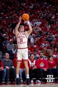 Nebraska Cornhusker guard Cale Jacobsen (31) makes a three point basket against the Purdue Boilermakers in the first half during a college basketball game on Tuesday, Feb. 10, 2026, in Lincoln, Nebraska. Photo by John S. Peterson.