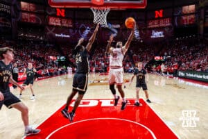 Nebraska Cornhusker guard Jamarques Lawrence (10) makes a lay up against the Purdue Boilermakers in the first half during a college basketball game on Tuesday, Feb. 10, 2026, in Lincoln, Nebraska. Photo by John S. Peterson.