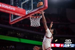Nebraska Cornhusker guard Jamarques Lawrence (10) makes a lay up against the Purdue Boilermakers in the first half during a college basketball game on Tuesday, Feb. 10, 2026, in Lincoln, Nebraska. Photo by John S. Peterson.