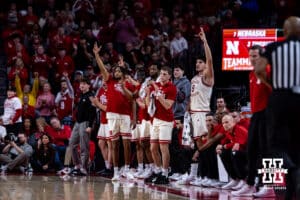 Nebraska Cornhuskers bench celebrates a three point basket against the Purdue Boilermakers in the first half during a college basketball game on Tuesday, Feb. 10, 2026, in Lincoln, Nebraska. Photo by John S. Peterson.