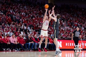 Nebraska Cornhusker forward Rienk Mast (51) makes a three point basket against Purdue Boilermaker center Daniel Jacobsen (12) in the first half during a college basketball game on Tuesday, Feb. 10, 2026, in Lincoln, Nebraska. Photo by John S. Peterson.