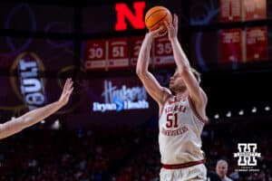 Nebraska Cornhusker forward Rienk Mast (51) make a three point basket against the Purdue Boilermakers in the first half during a college basketball game on Tuesday, Feb. 10, 2026, in Lincoln, Nebraska. Photo by John S. Peterson.